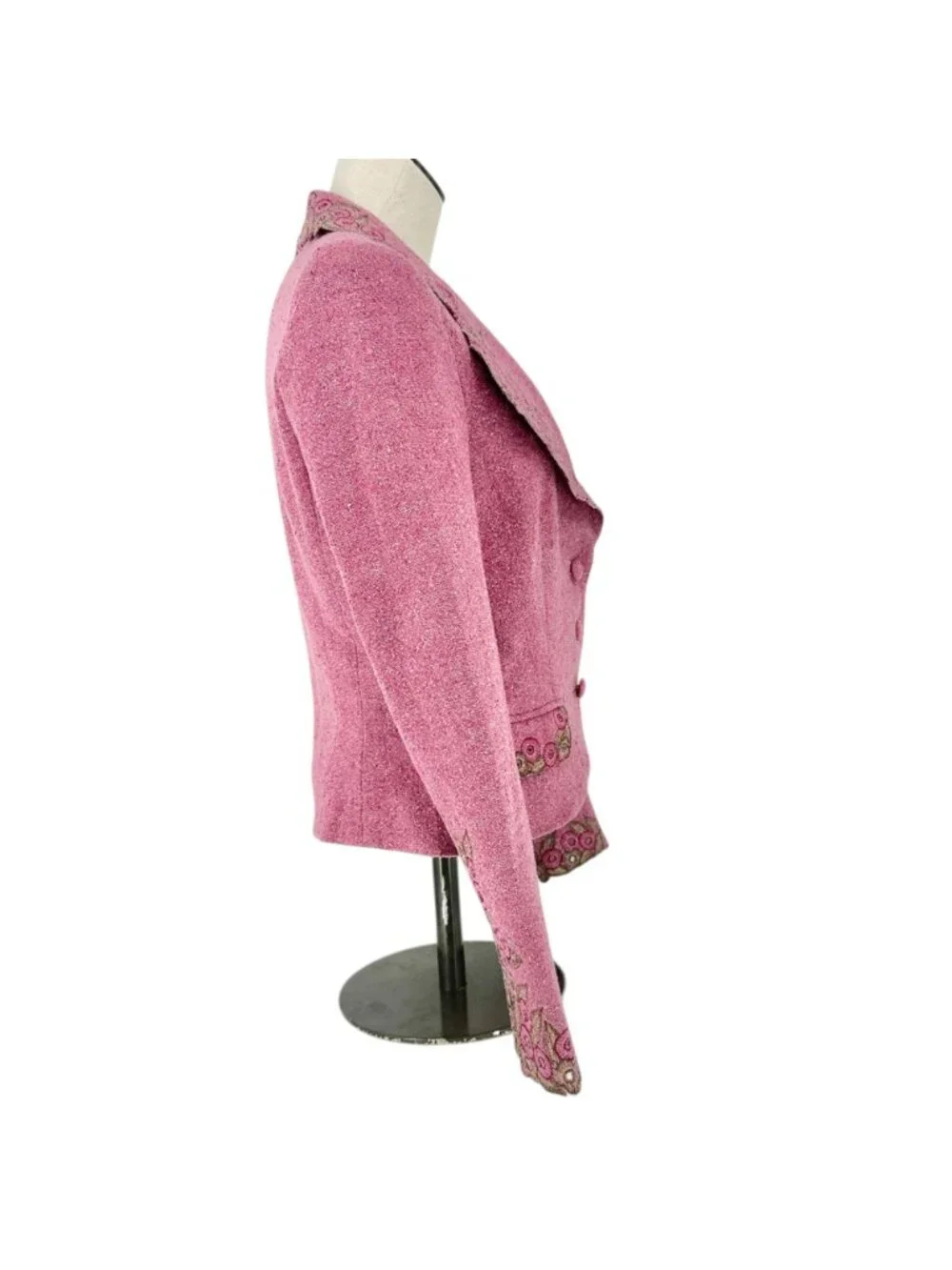 Carmen Marc Valvo Blazer Jacket Womens Sz 10 Pink Wool Blend Embroidered Floral - Picture 9 of 10